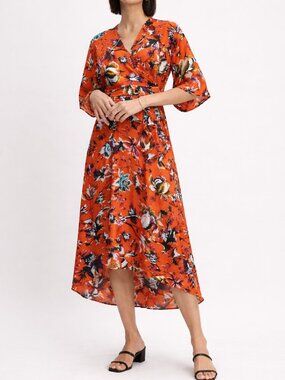 Diane Von Furstenberg Orange Floral Print Silk Wrap Detail Midi Dress M